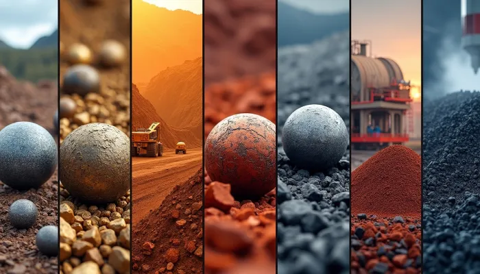 Collage of steel grinding balls in gold mining, copper mining, iron ore processing, cement plant, and thermal power plant