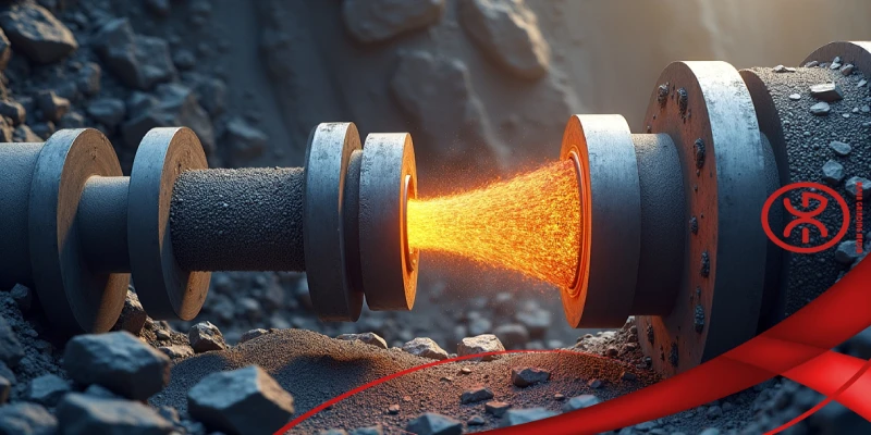 Jaw crusher and grinding mills reducing ore size during the crushing and grinding stage of beneficiation.