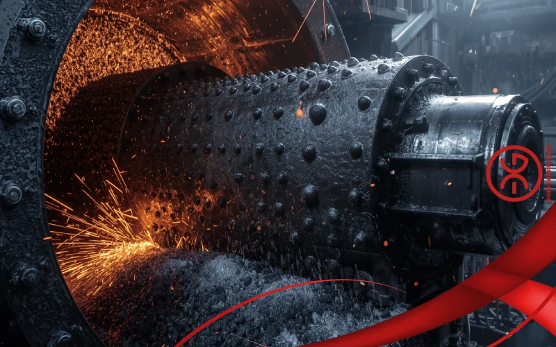 Ball mill grinding ore with steel balls and water to form mineral slurry