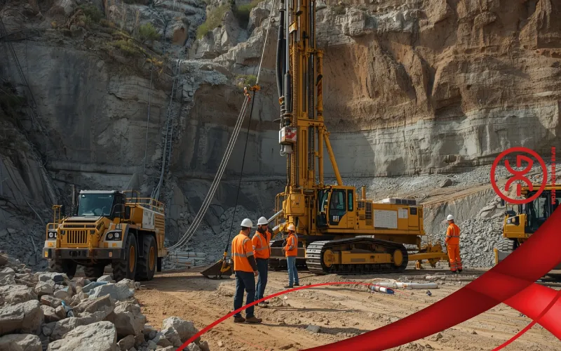 Geologists conducting ore exploration using drilling and sampling tools in an open mining field.