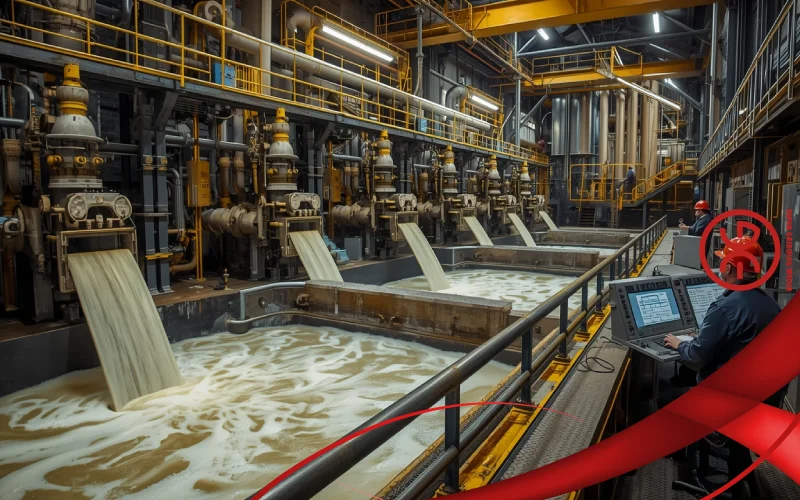 Flotation plant separating valuable minerals from waste slurry in ore processing