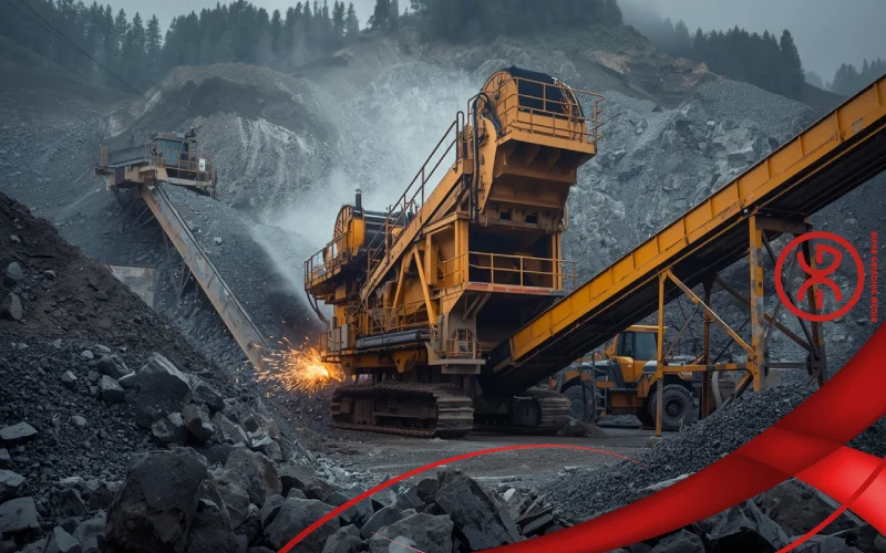 Jaw crusher breaking down large ore rocks in a primary crushing plant