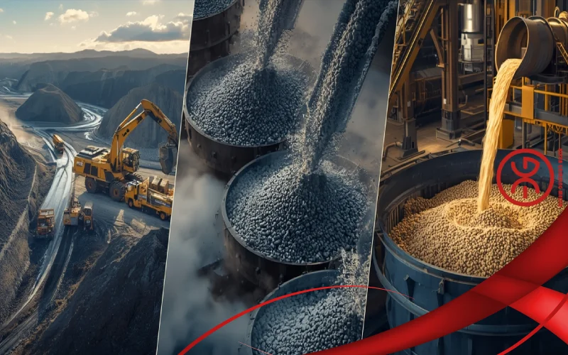 Panoramic view showing the complete ore processing journey from open-pit mine to mill and flotation plant