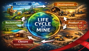 A life cycle diagram with interconnected arrows, each phase labeled and visually showing mining processes, equipment, and environmental impacts.