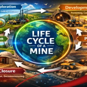A life cycle diagram with interconnected arrows, each phase labeled and visually showing mining processes, equipment, and environmental impacts.