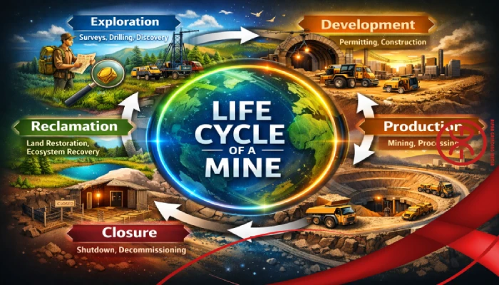 A life cycle diagram with interconnected arrows, each phase labeled and visually showing mining processes, equipment, and environmental impacts.