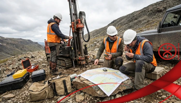 Mineral exploration and geology phase with geologists, rock sampling, and exploratory drilling