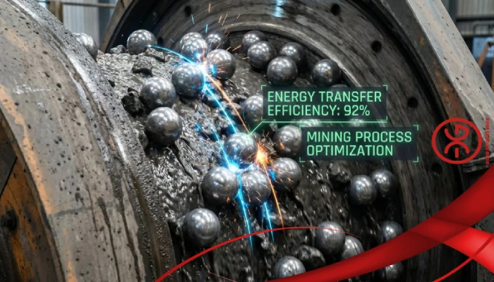 High-quality steel grinding media balls inside a rotating ball mill impacting ore slurry, energy transfer and efficiency concept