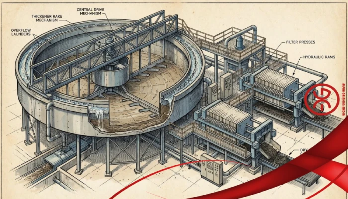Industrial thickener and filter press used for mineral processing dewatering.
