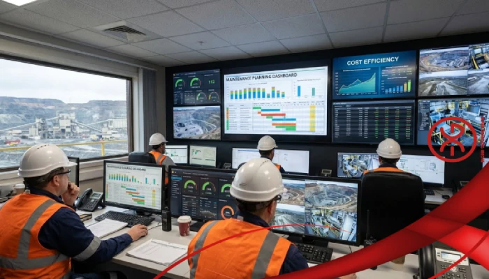 Mining plant control room with operators monitoring production, maintenance dashboards, and operational efficiency