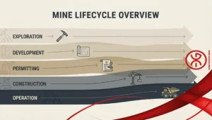 Conceptual illustration of the mining lifecycle from exploration to full production