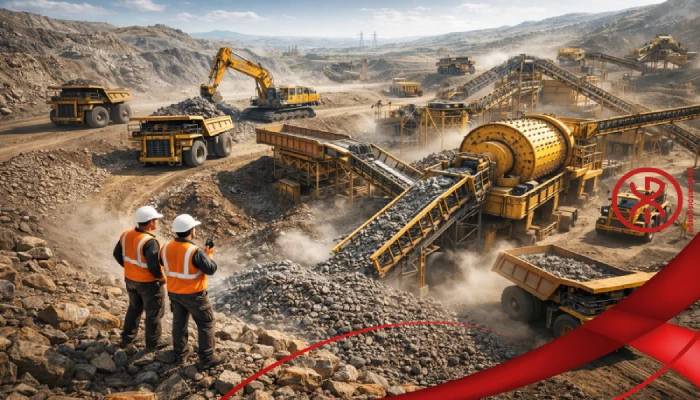 "A mining operation with massive machinery like dump trucks and crushers, open-pit mining, workers in safety gear, and energy-intensive grinding operations."