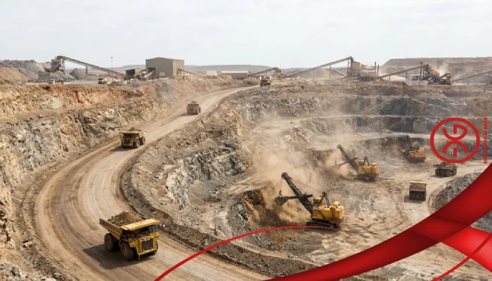 Surface mining operation with haul trucks and excavators extracting ore in an open-pit mine