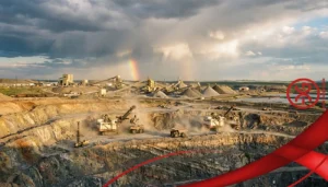 Overview of the mining industry showing an open-pit mine, heavy machinery, and a mineral processing plant