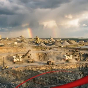 Overview of the mining industry showing an open-pit mine, heavy machinery, and a mineral processing plant