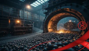 Grinding balls operating inside an industrial ball mill in a mining processing plant
