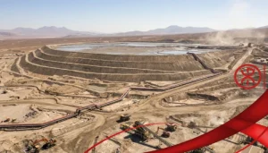 Aerial view of a modern mine tailings storage facility with ponds and containment structures