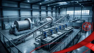 Modern mineral processing plant showing grinding mills, flotation cells, hydrocyclones, and material handling systems.
