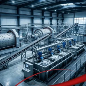 Modern mineral processing plant showing grinding mills, flotation cells, hydrocyclones, and material handling systems.