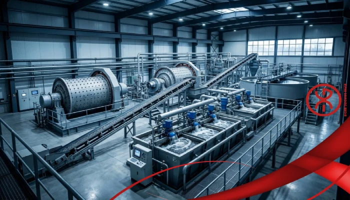 Modern mineral processing plant showing grinding mills, flotation cells, hydrocyclones, and material handling systems.