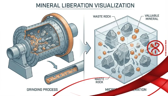 Visualization of mineral liberation showing valuable minerals separated from gangue after grinding, technical illustration