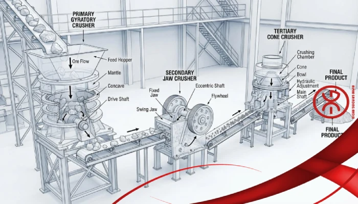 3D illustration of jaw, gyratory, and cone crushers used in mineral processing.