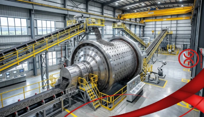 Industrial ball mill in a mineral processing plant for ore comminution.